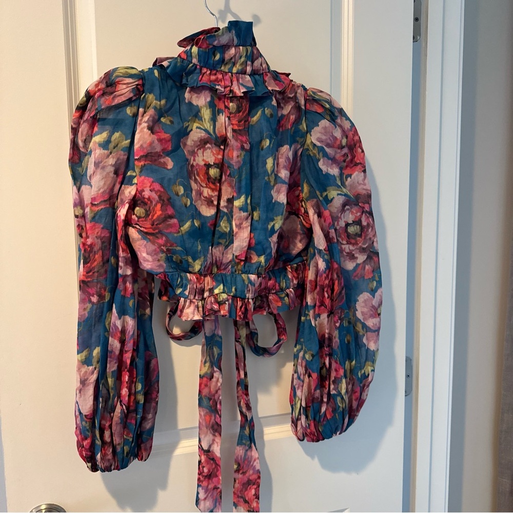 ZIMMERMANN Teal & Pink Floral-Print Cropped Ramie Blouse | Size 0 - Picture 5 of 8